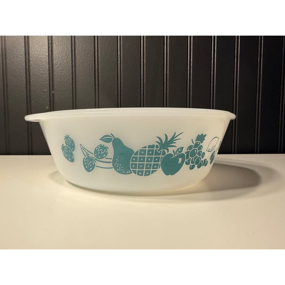 Glasbake milk glass casserole dish teal blue fruit pattern model, 2-quart size